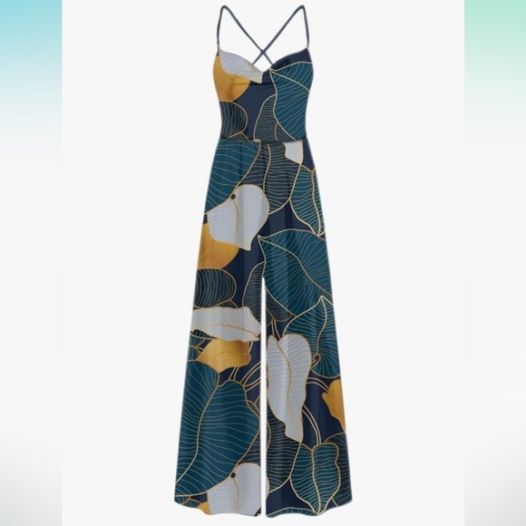 NWT Averie Danna Cowl Neck Wide Leg Jumpsuit XL Golden Teal Floral - Picture 1 of 15